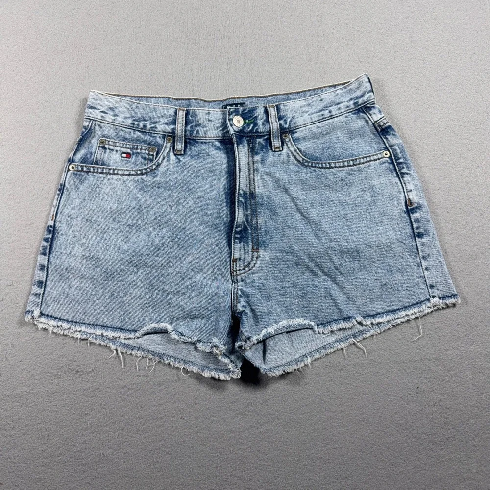 Vintage Tommy Jeans Denim Shorts Women 30 High Rise Raw Hem Acid Wash Light Blue - Picture 1 of 11